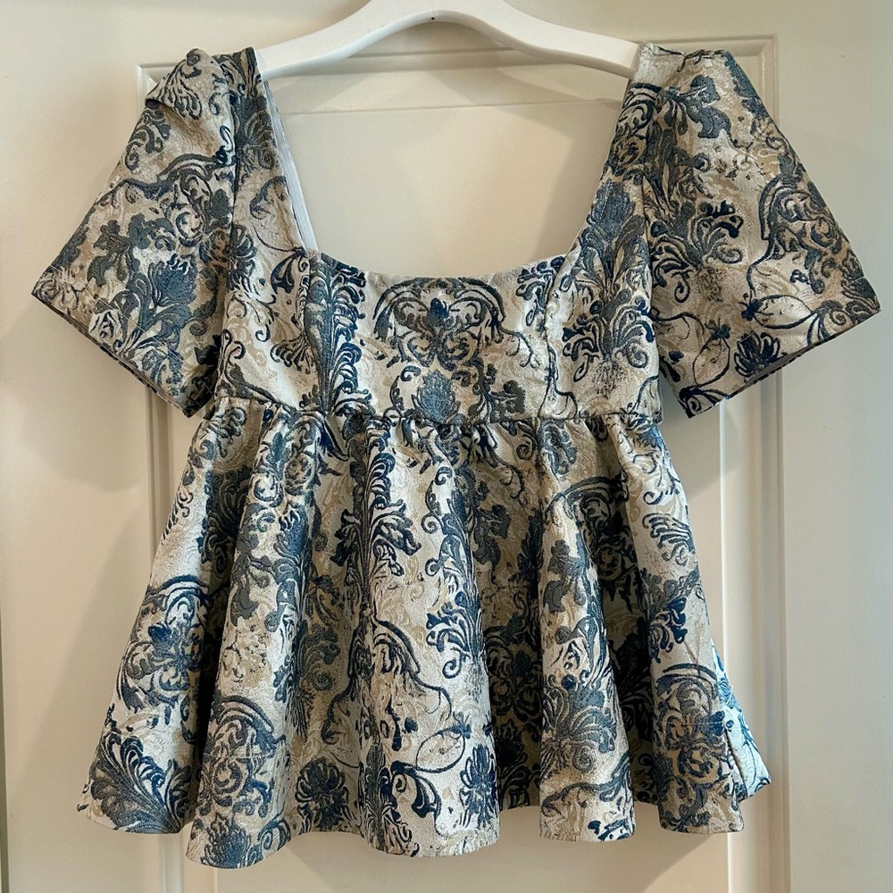 Free People Blue and Gray Floral Jacquard Top